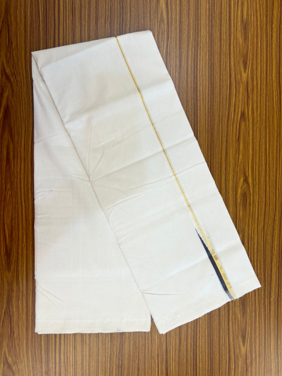 25% Discount ! KaithariKada Handloom Unakkupaav Balaramapuram - Cotton Off White (Unbleached) Double Mundu/Dothi - 100x80 - 0.5 inch Puliyilakkara Gold Kasav Brown chutty 4 mtr (8.5 muzham) - 4 KK5233 REA