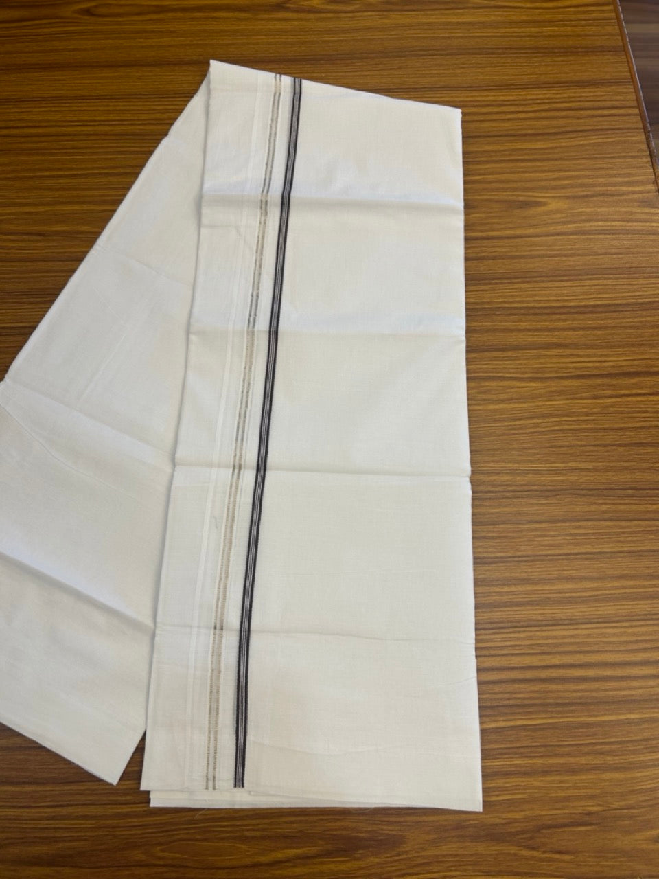 20% Discount! KaithariKada Balaramapuram 100% Cotton Double Pure white Mundu/Dhoti- 100x100 - 0.25 inch Silver Brown Striped One Side Double Chutty kara - 3.90mtr ( 8 muzham) - 13 KK5293 CKS