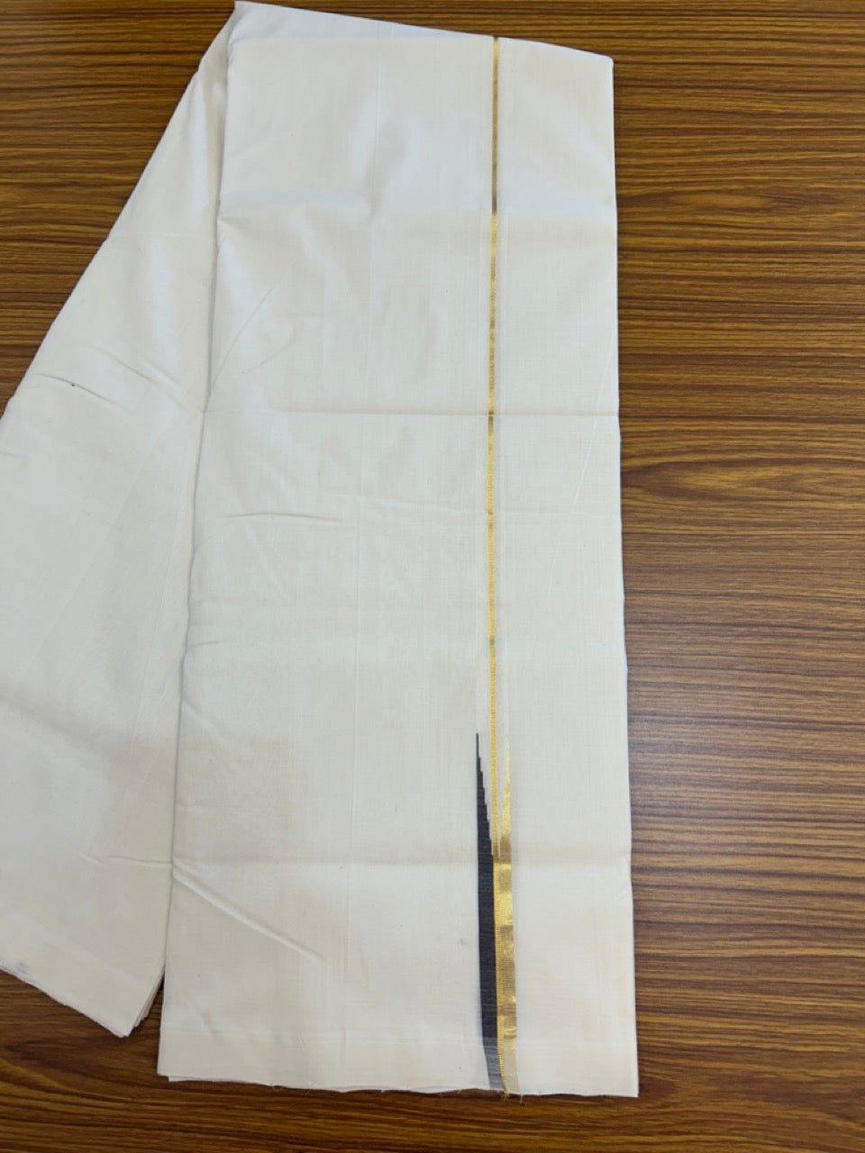 25% Discount ! KaithariKada Handloom Unakkupaav Balaramapuram - Cotton Off White (Unbleached) Double Mundu/Dothi - 100x80 - 0.5 inch Puliyilakkara Gold Kasav Brown chutty 4 mtr (8.5 muzham) - 4 KK5233 REA
