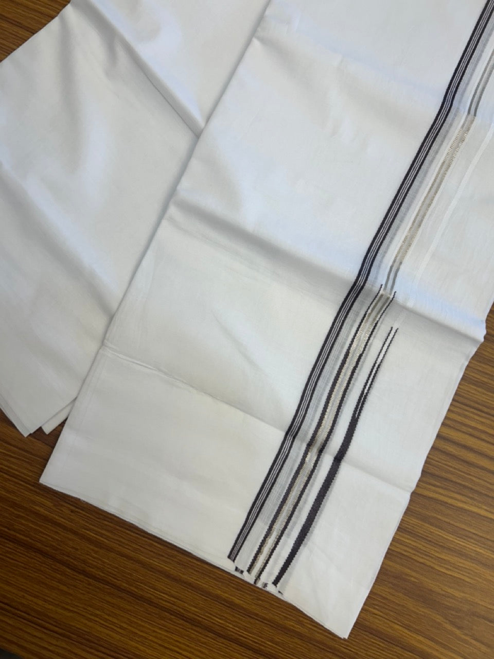20% Discount! KaithariKada Balaramapuram 100% Cotton Double Pure white Mundu/Dhoti- 100x100 - 0.25 inch Silver Brown Striped One Side Double Chutty kara - 3.90mtr ( 8 muzham) - 13 KK5293 CKS