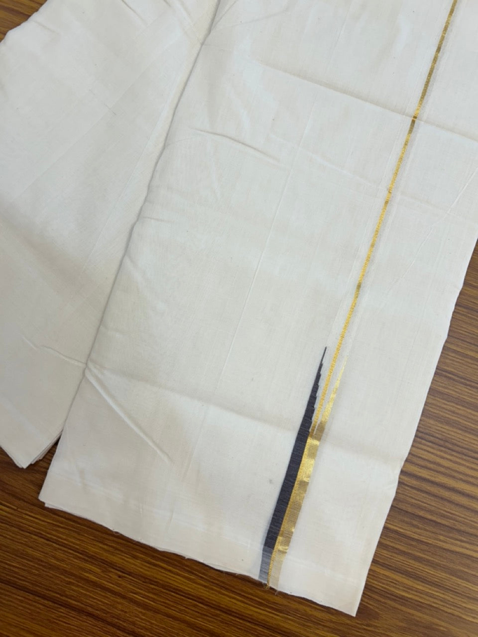 25% Discount ! KaithariKada Handloom Unakkupaav Balaramapuram - Cotton Off White (Unbleached) Double Mundu/Dothi - 100x80 - 0.5 inch Puliyilakkara Gold Kasav Brown chutty 4 mtr (8.5 muzham) - 4 KK5233 REA