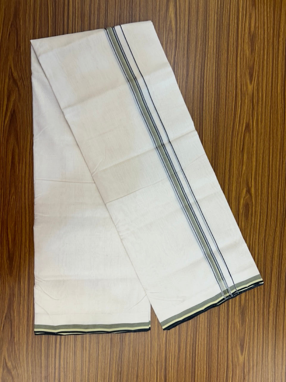 25% DISCOUNT!! KaithariKada HANDLOOM UNAKKUPAAV Balaramapuram - 100% PURE Cotton OFF White - (Unbleached) Double Mundu/Dothi - 120 x 100 - 0.75 inch Light Yellow & Black Stripes Kara 4 meter (8.5 muzham) - 12 KK5233 REA