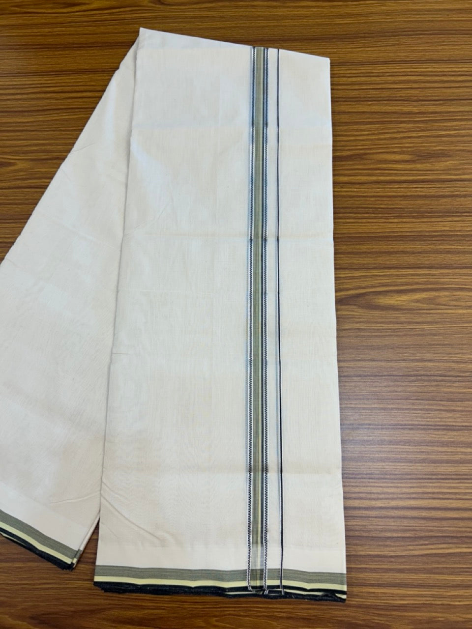 25% DISCOUNT!! KaithariKada HANDLOOM UNAKKUPAAV Balaramapuram - 100% PURE Cotton OFF White - (Unbleached) Double Mundu/Dothi - 120 x 100 - 0.75 inch Light Yellow & Black Stripes Kara 4 meter (8.5 muzham) - 12 KK5233 REA