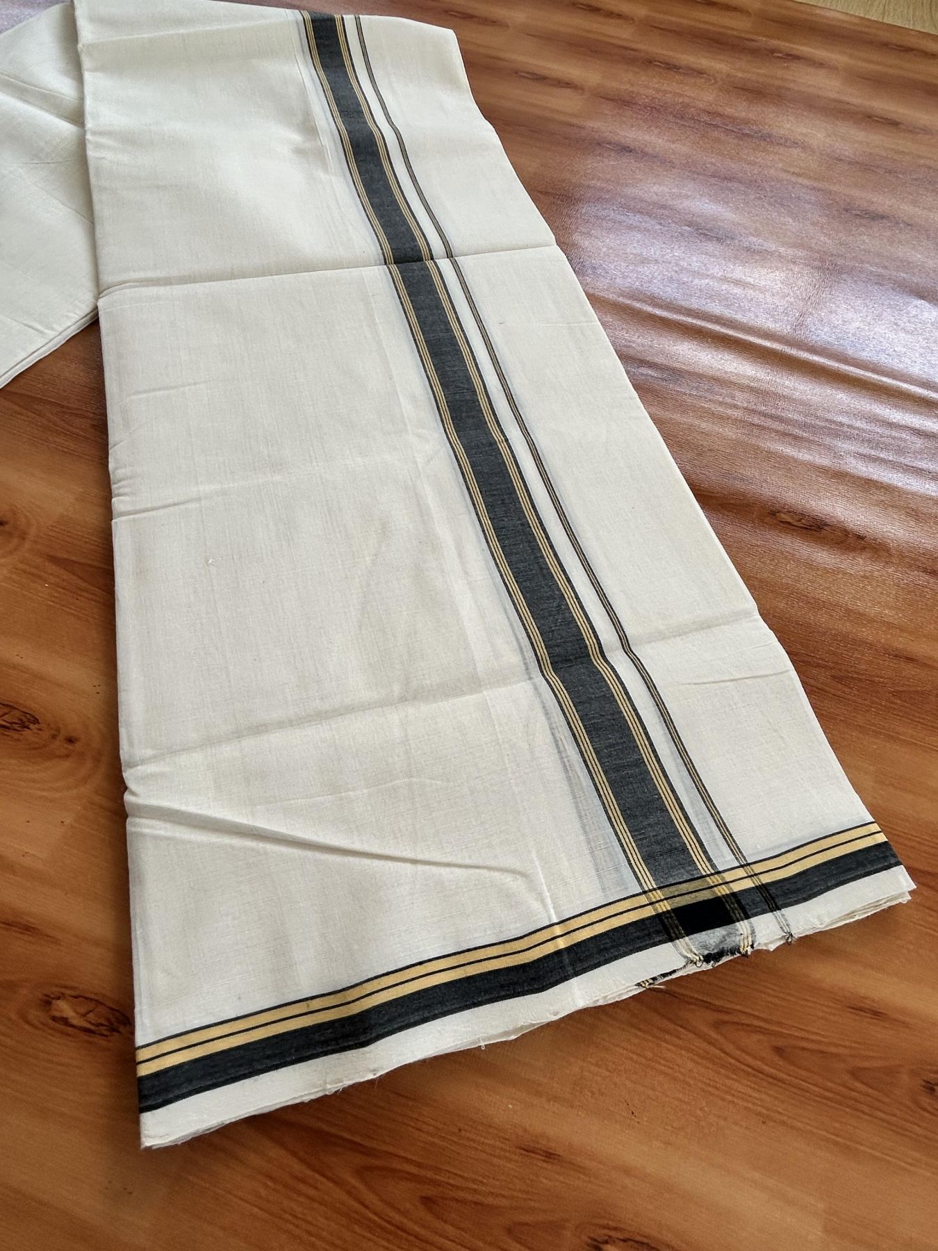 Double Off White (Unbleached) Mundu/Dhoti - 25% Discount!! KaithariKada Handloom Unakkupaav - Kerala Handloom - 100% Pure Cotton - 100x80 - 1 inch Yellow & Black Shaded Striped Kara 4 meter (8.5 muzham) - 22 KK5436 REA