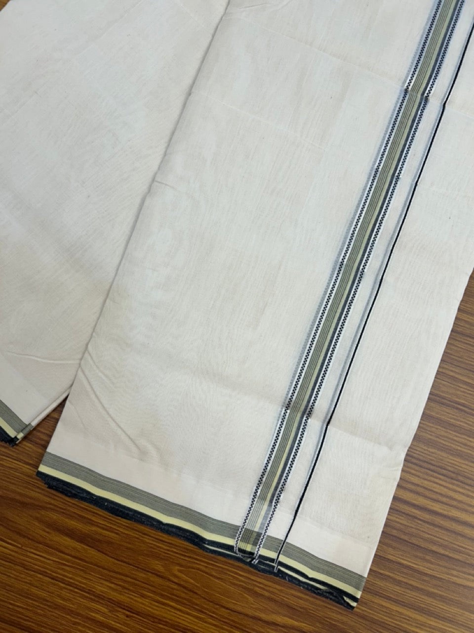 25% DISCOUNT!! KaithariKada HANDLOOM UNAKKUPAAV Balaramapuram - 100% PURE Cotton OFF White - (Unbleached) Double Mundu/Dothi - 120 x 100 - 0.75 inch Light Yellow & Black Stripes Kara 4 meter (8.5 muzham) - 12 KK5233 REA