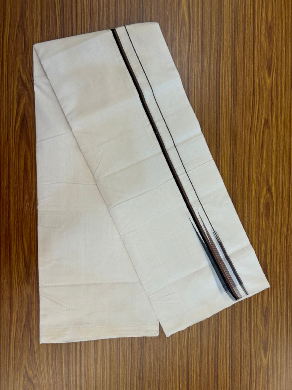 25% Discount ! KaithariKada Handloom Unakkupaav Balaramapuram - Cotton Off White (Unbleached) Double Mundu/Dothi - 100x80 - 0.5 inch Puliyilakkara Black & Brown Stripes chutty 4 mtr (8.5 muzham) - 5 KK5233 REA
