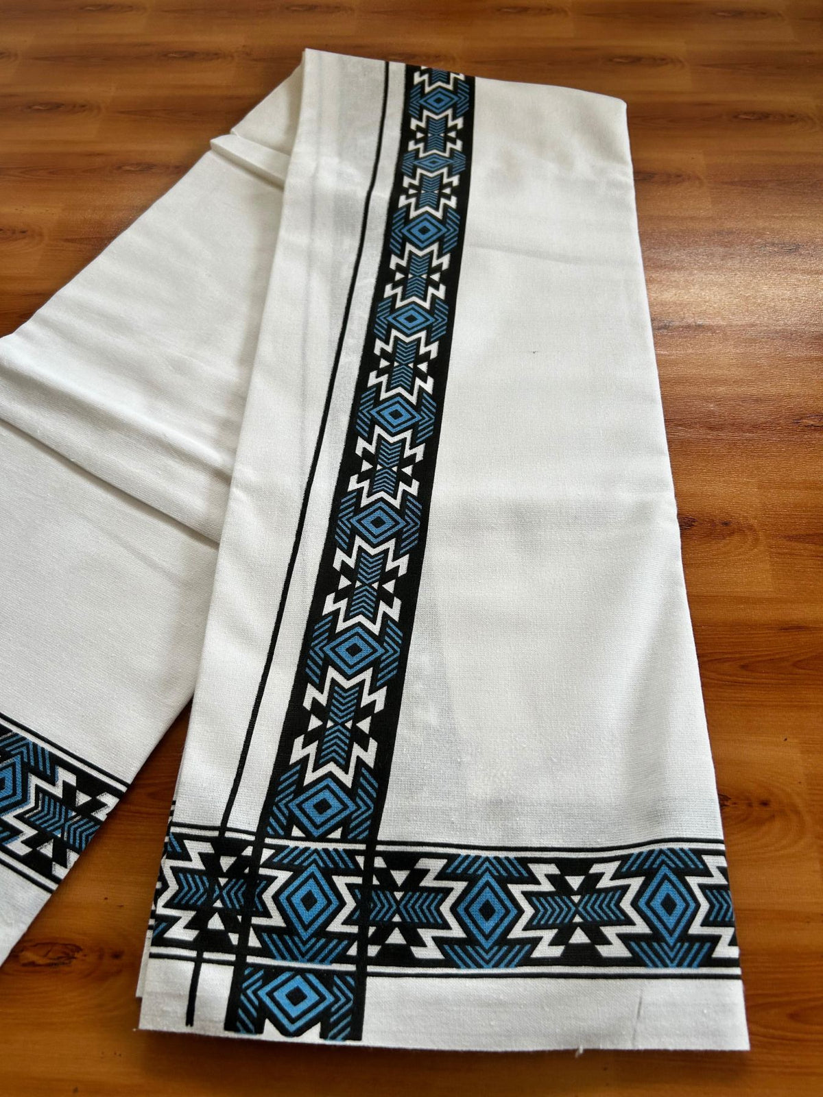 Single White Kerala Mund Polyster Mixed Cotton - (20s) - Kaily / Lungi - 2 inch Blue Printed Kara (2 meter / 4 muzham) - 7 KK8070 GAN