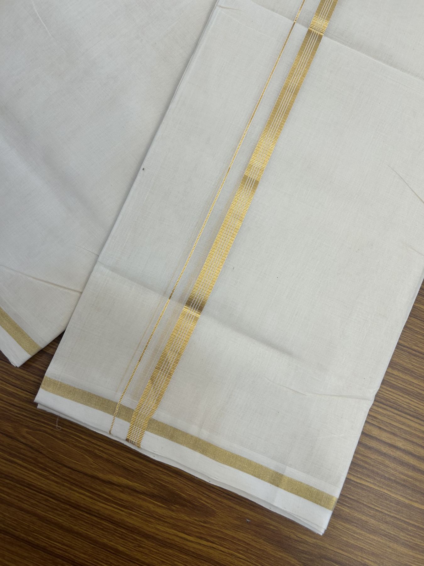 25% Discount!! KaithariKada Handloom Millpaav Balaramapuram - 100% Pure Cotton Off White Double - (Unbleached) Mundu/Dothi - 80x90 - 1.5 cm Gold Kasav Stripes kara 4mtr (8.5 muzham) - 2 KK5332 RAM