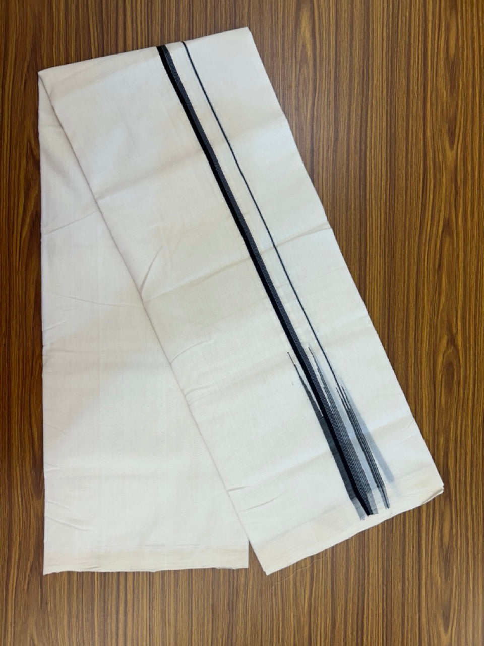 25% Discount ! KaithariKada Handloom Unakkupaav Balaramapuram - Cotton Off White (Unbleached) Double Mundu/Dothi - 100x80 - 0.5 inch Puliyilakkara Black & Pestel Blue Stripes chutty 4 mtr (8.5 muzham) - 7 KK5233 REA
