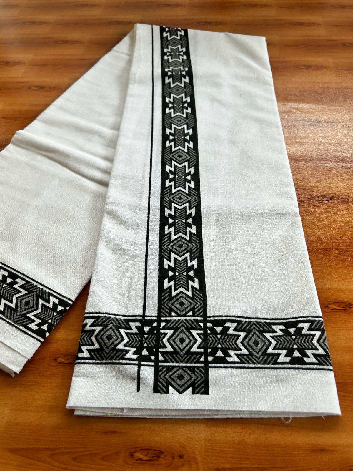 Single White Kerala Mund Polyster Mixed Cotton - (20s) - Kaily / Lungi - 2 inch Ash Grey Printed Kara (2 meter / 4 muzham) - 4 KK8070 GAN