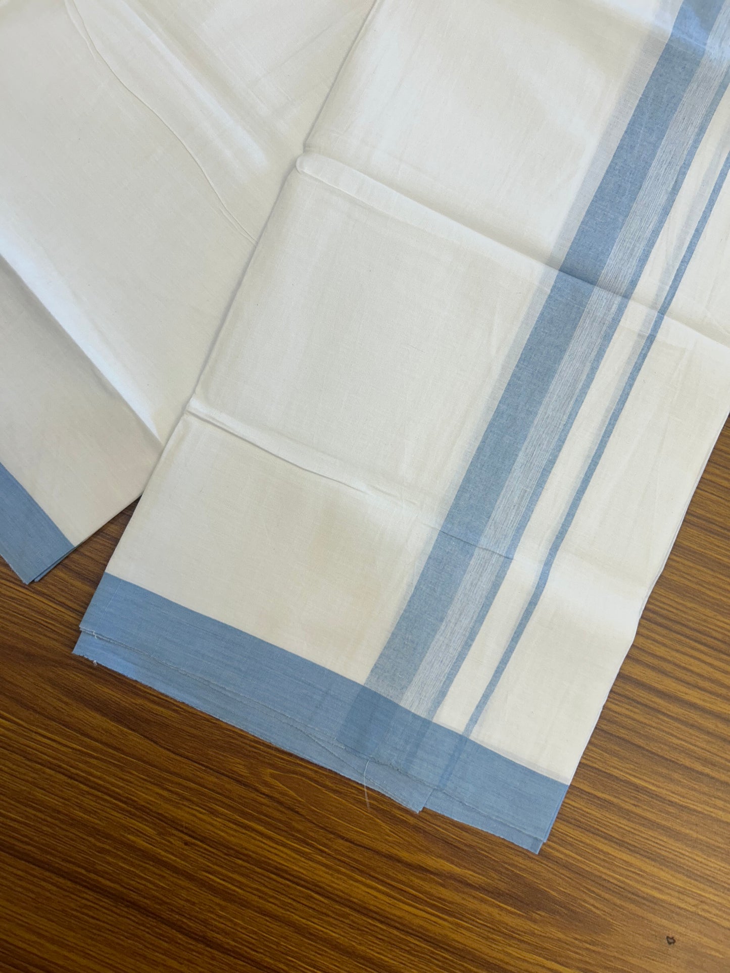KaithariKada Balaramapuram 100% Cotton Single Pure White Mundu/Dhoti - (40s) - 1.5 inch Light Blue Shaded Stripes kara 2 mtr (4 muzham) - 60 KK5359 THI