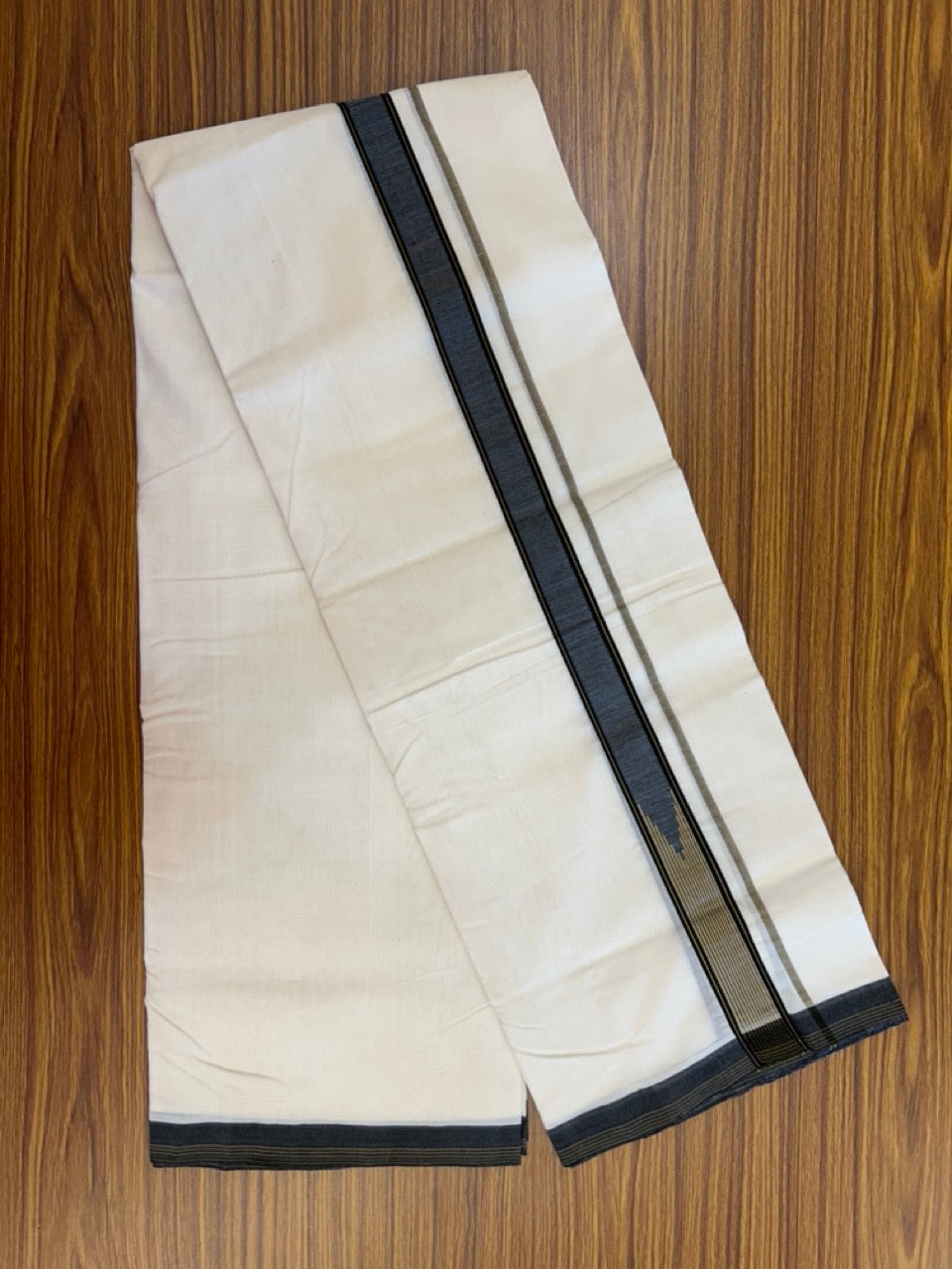 25% Discount!! KaithariKada Handloom Unakkupaav Balaramapuram - 100% Pure Cotton Off White - (Unbleached) Double Mundu/Dothi - 100x80 - Black Light Brown Chutty Kara 3.80 meter (8 muzham) - 6 KK5233 REA