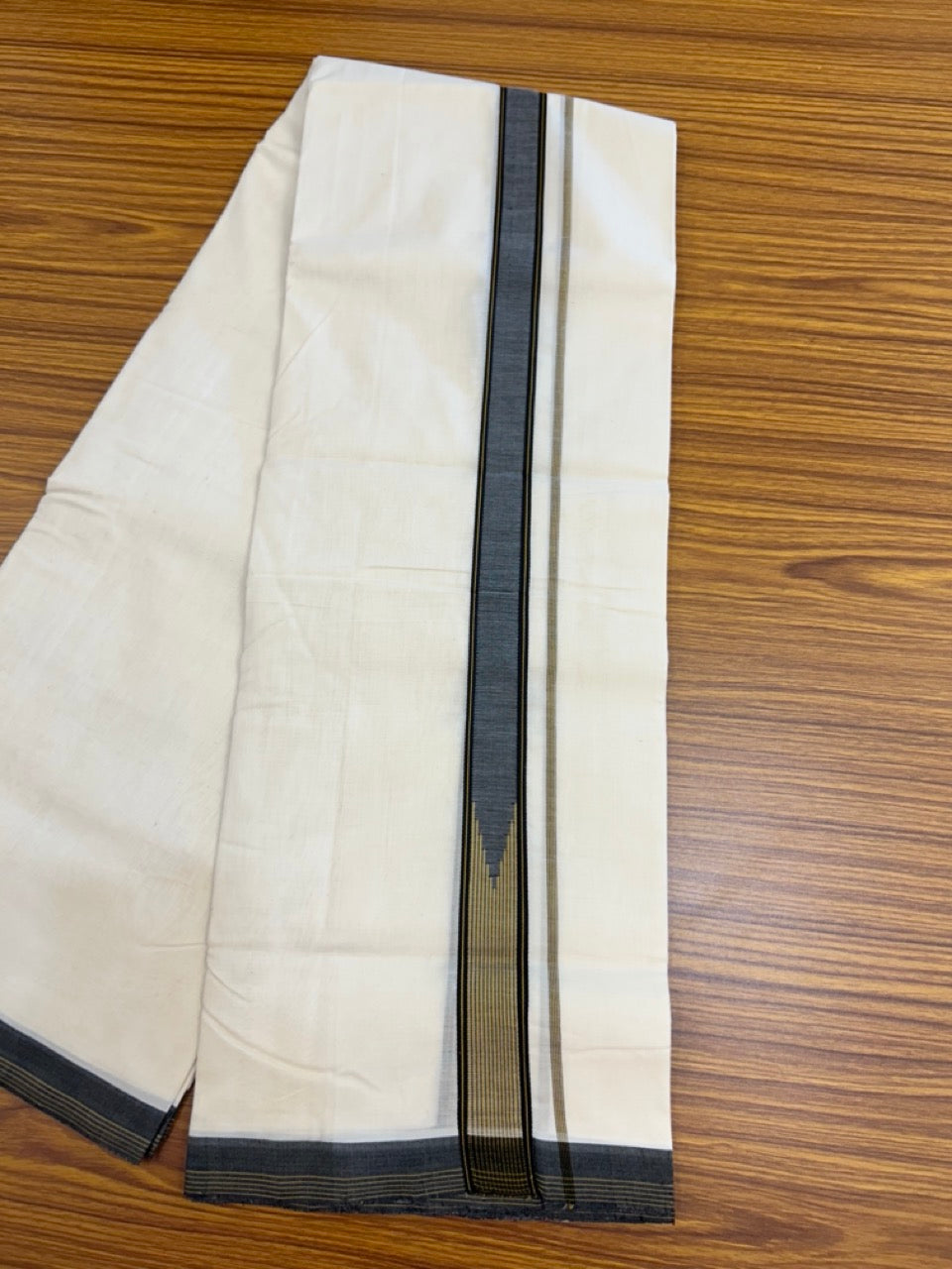 25% Discount!! KaithariKada Handloom Unakkupaav Balaramapuram - 100% Pure Cotton Off White - (Unbleached) Double Mundu/Dothi - 100x80 - Black Light Brown Chutty Kara 3.80 meter (8 muzham) - 6 KK5233 REA