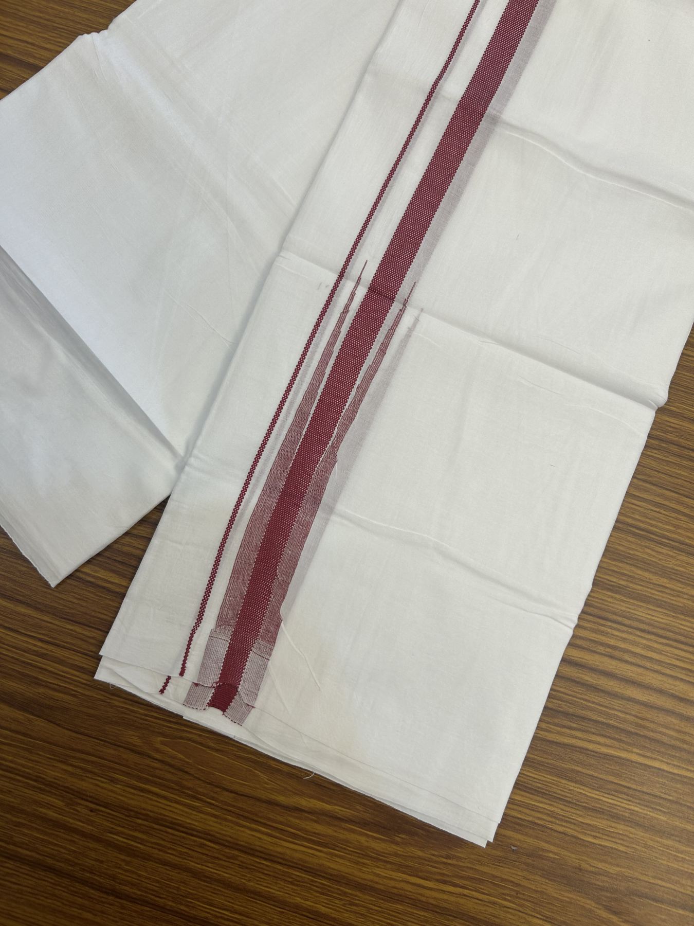 20% Discount ! Kaitharikada Balaramapuram 100% Cotton Pure White Double Mundu/Dothi - 100x80 - 1.5 cm Puliyilakkara Dark Magenta Striped Jacquard Chutty Kara 3.80 mtr (8 muzham) - 2 KK5334 THI