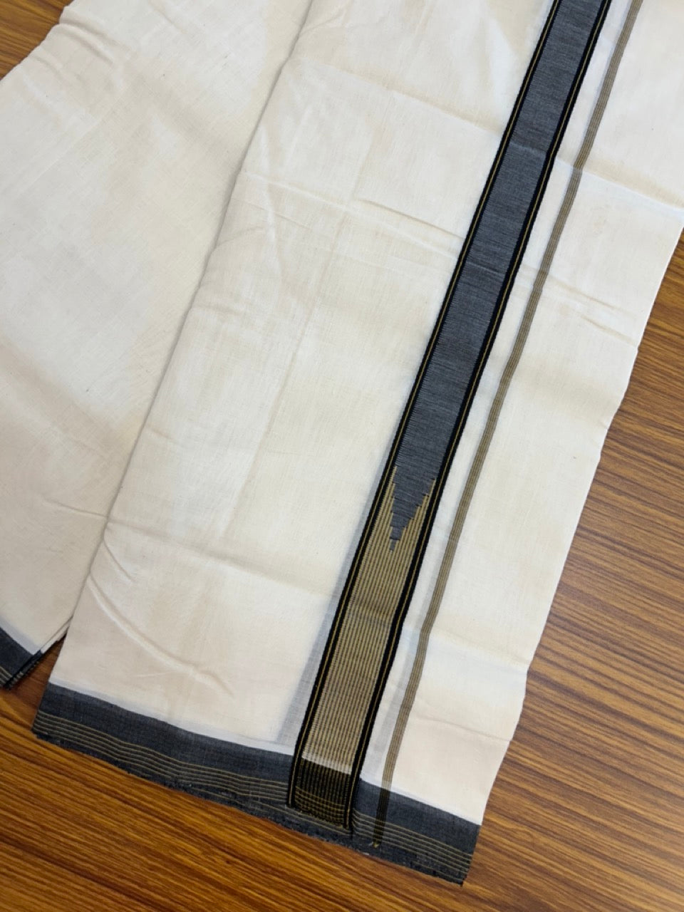25% Discount!! KaithariKada Handloom Unakkupaav Balaramapuram - 100% Pure Cotton Off White - (Unbleached) Double Mundu/Dothi - 100x80 - Black Light Brown Chutty Kara 3.80 meter (8 muzham) - 6 KK5233 REA