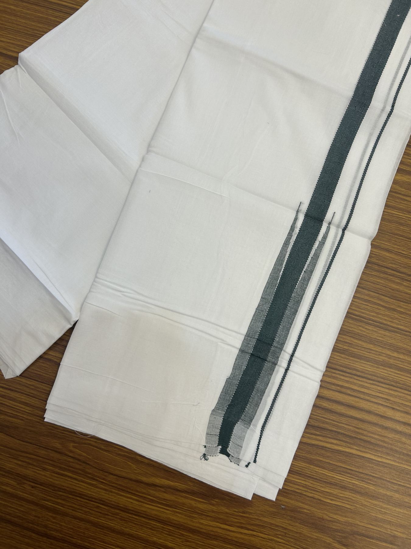 20% Discount ! Kaitharikada Balaramapuram 100% Cotton Pure White Double Mundu/Dothi - 100x80 - 0.5 inch Puliyilakkara Green Striped Jacquard Chutty Kara 3.80 mtr (8 muzham) - 4 KK5334 THI