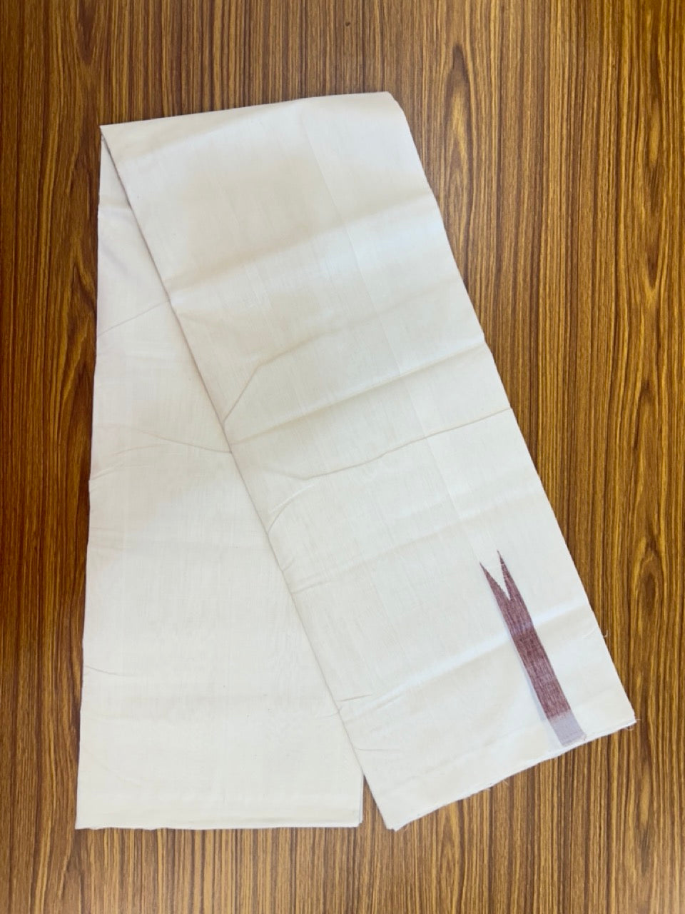 25% DISCOUNT!! KaithariKada HANDLOOM UNAKKUPAAV Balaramapuram - 100% PURE Cotton OFF White - (Unbleached) Double Mundu/Dothi - 120 x 100 - 0.75 inch Light Maroon & Brown Chutty Kara 4 meter (8.5 muzham) - 10 KK5233 REA