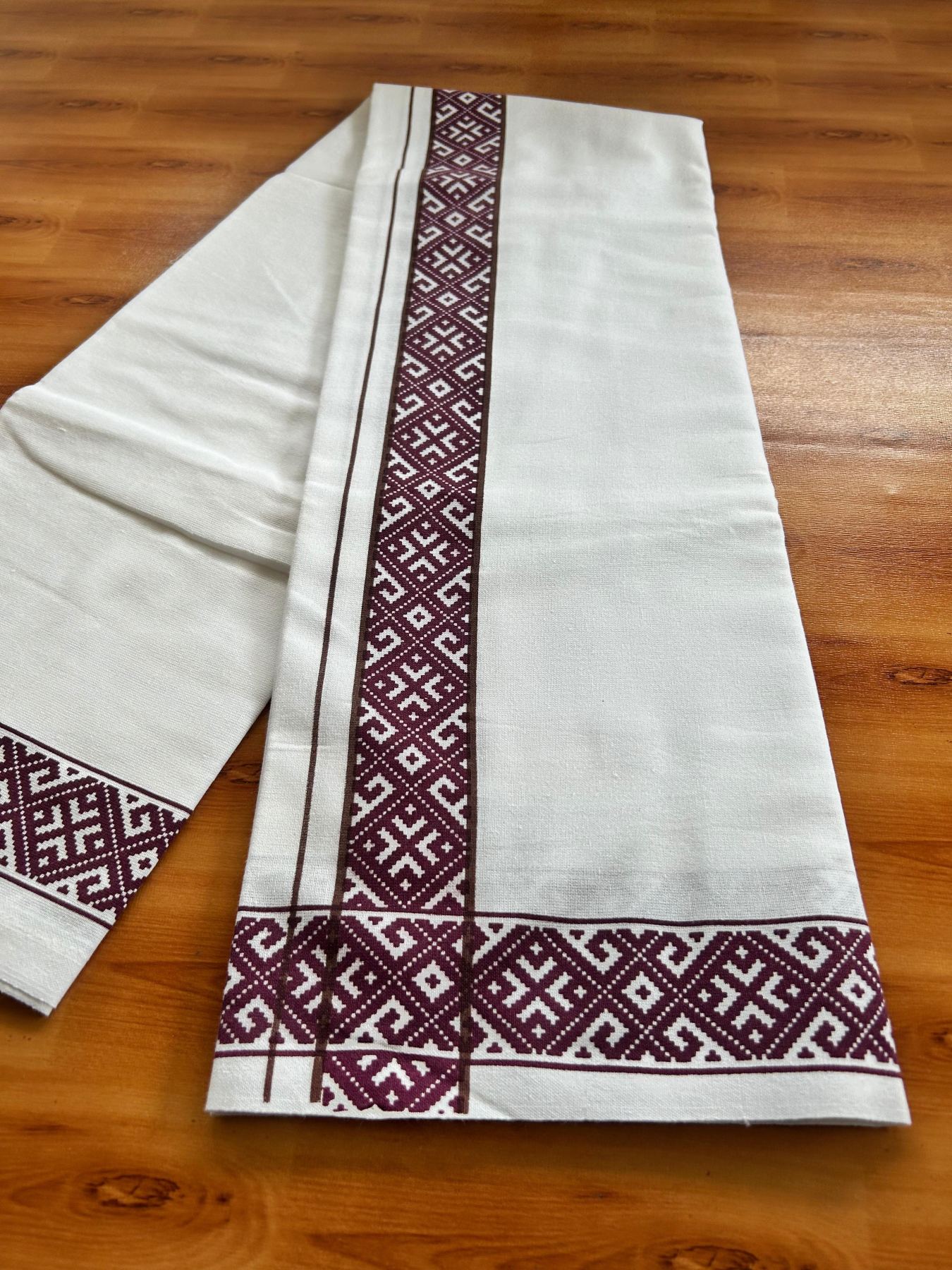 Single White Kerala Mund Polyster Mixed Cotton - (20s) - Kaily / Lungi - 2 inch Brown & Wine Printed Kara (2 meter / 4 muzham) - 12 KK8070 GAN