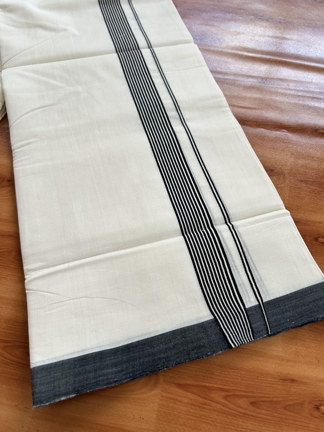 Double Off White (Unbleached) Mundu/Dhoti - 25% Discount!! KaithariKada Handloom Unakkupaav - Kerala Handloom - 100% Pure Cotton - 100x80 - 1.25 inch Black Striped Kara 4 meter (8.5 muzham) - 27 KK5436 REA