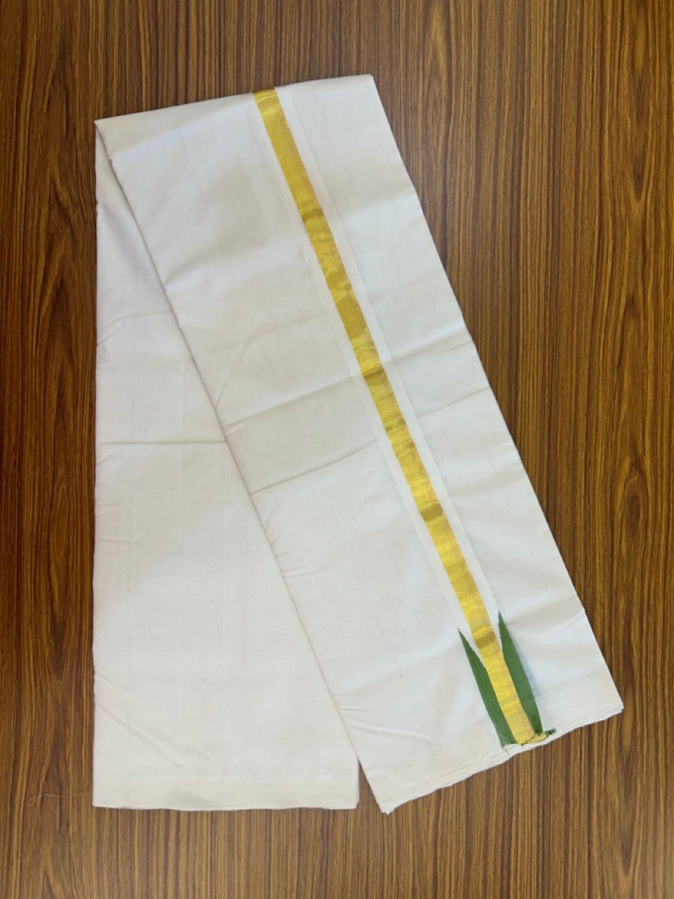 25% Discount ! KaithariKada Handloom Unakkupaav Balaramapuram - Cotton Off White (Unbleached) Double Mundu/Dothi - 100x80 - 1.5 inch Puliyilakkara Kasavu Parrot Green chutty 3.70 mtr (8 muzham) - 1 KK5233 REA