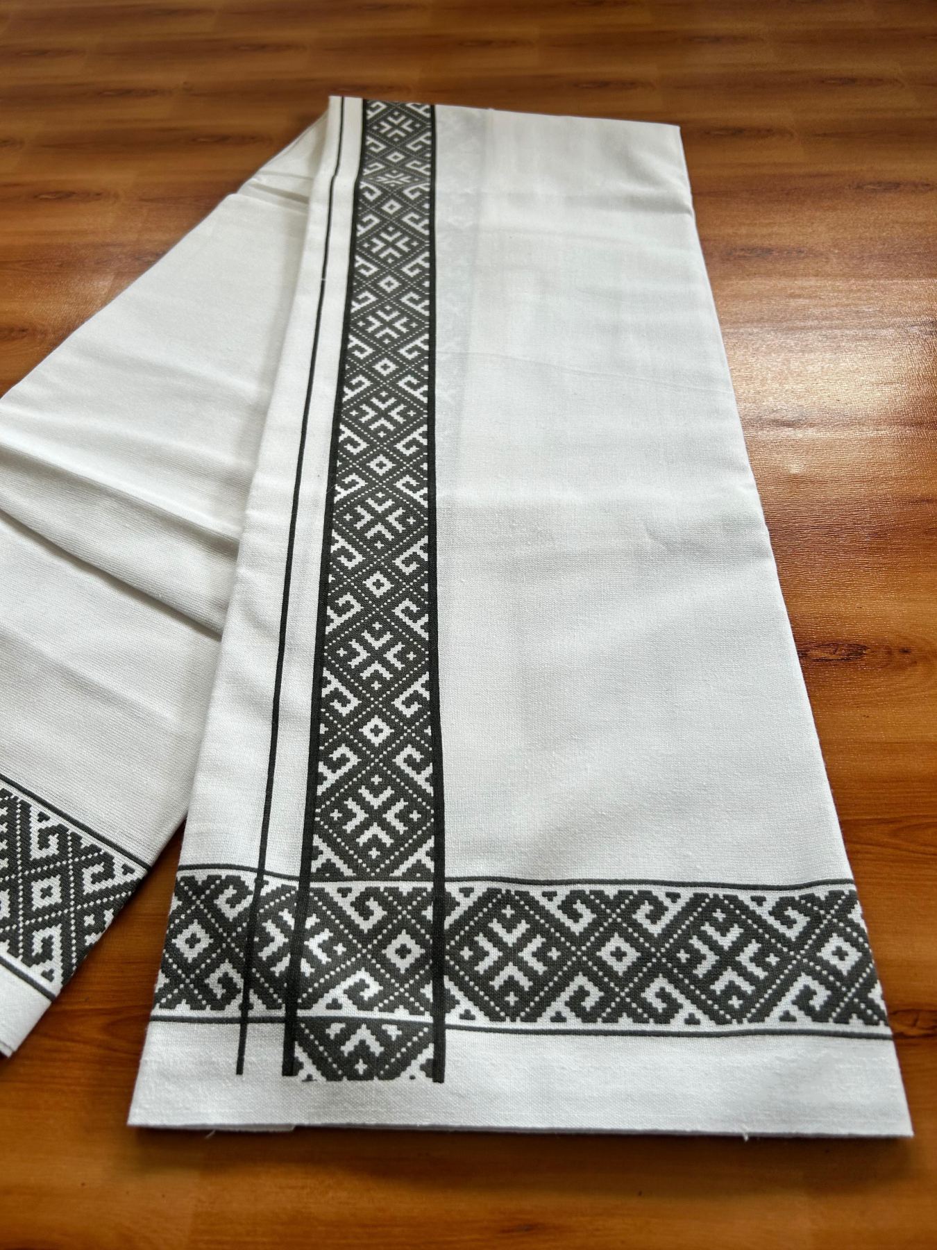 Single White Kerala Mund Polyster Mixed Cotton - (20s) - Kaily / Lungi - 2 inch Grey Printed Kara (2 meter / 4 muzham) - 11 KK8070 GAN