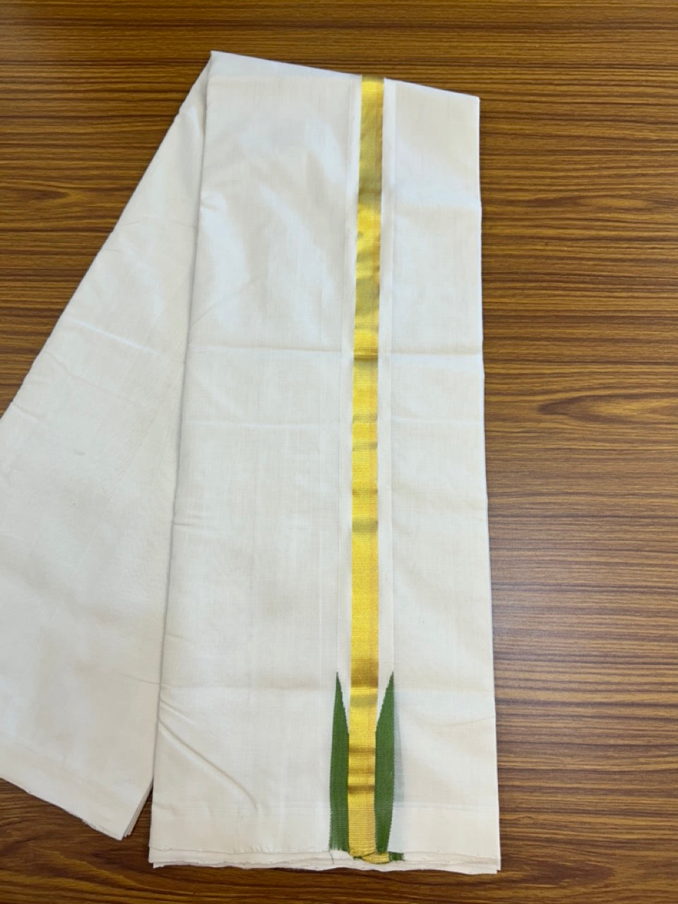 25% Discount ! KaithariKada Handloom Unakkupaav Balaramapuram - Cotton Off White (Unbleached) Double Mundu/Dothi - 100x80 - 1.5 inch Puliyilakkara Kasavu Parrot Green chutty 3.70 mtr (8 muzham) - 1 KK5233 REA