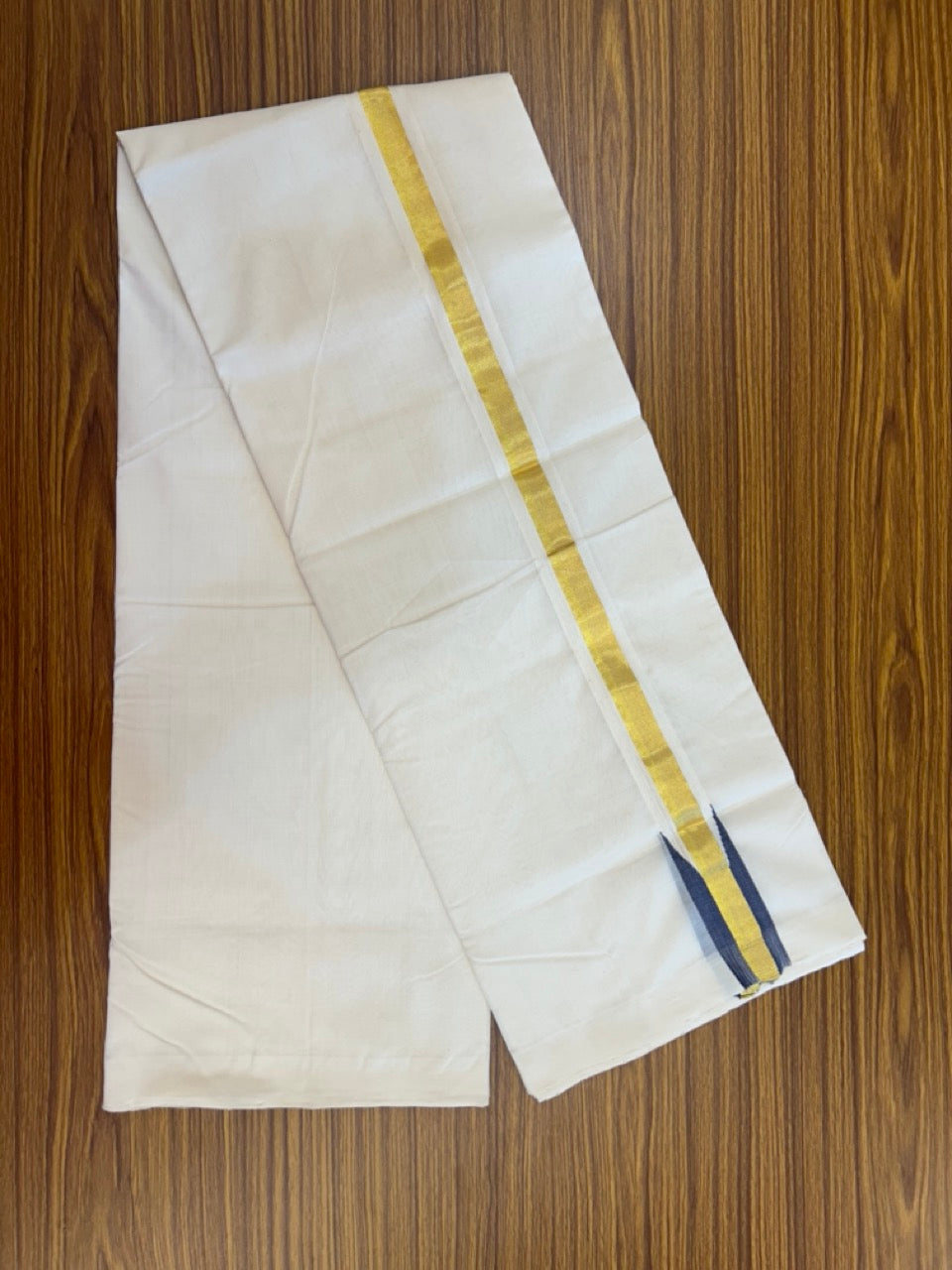 25% Discount ! KaithariKada Handloom Unakkupaav Balaramapuram - Cotton Off White (Unbleached) Double Mundu/Dothi - 100x80 - 1.5 inch Puliyilakkara Kasavu Ash Blue chutty 3.70 mtr (8 muzham) - 3 KK5233 REA