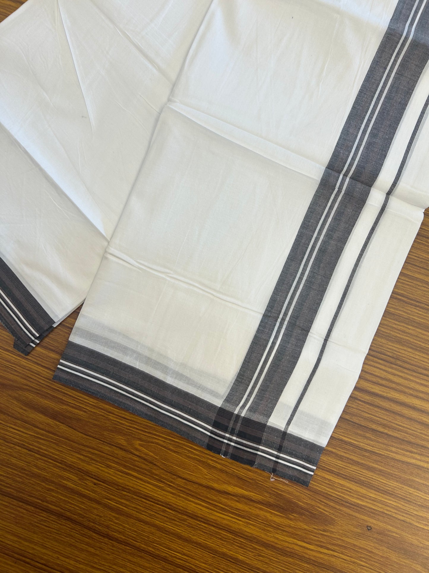 20% Discount ! Kaitharikada Balaramapuram 100% Cotton Pure White Double Mundu/Dothi - 100x80 - 1.5 inch Purplish Brown & Black Shaded Striped Kara 3.80 mtr (8 muzham) - 9 KK5359 THI