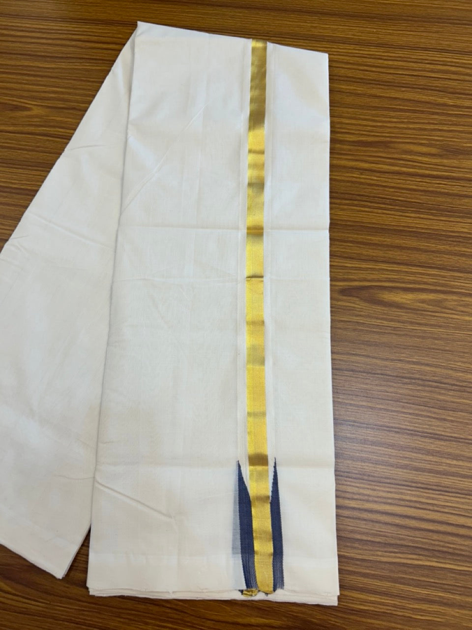 25% Discount ! KaithariKada Handloom Unakkupaav Balaramapuram - Cotton Off White (Unbleached) Double Mundu/Dothi - 100x80 - 1.5 inch Puliyilakkara Kasavu Ash Blue chutty 3.70 mtr (8 muzham) - 3 KK5233 REA