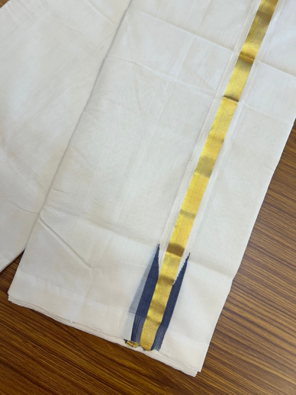 25% Discount ! KaithariKada Handloom Unakkupaav Balaramapuram - Cotton Off White (Unbleached) Double Mundu/Dothi - 100x80 - 1.5 inch Puliyilakkara Kasavu Ash Blue chutty 3.70 mtr (8 muzham) - 3 KK5233 REA