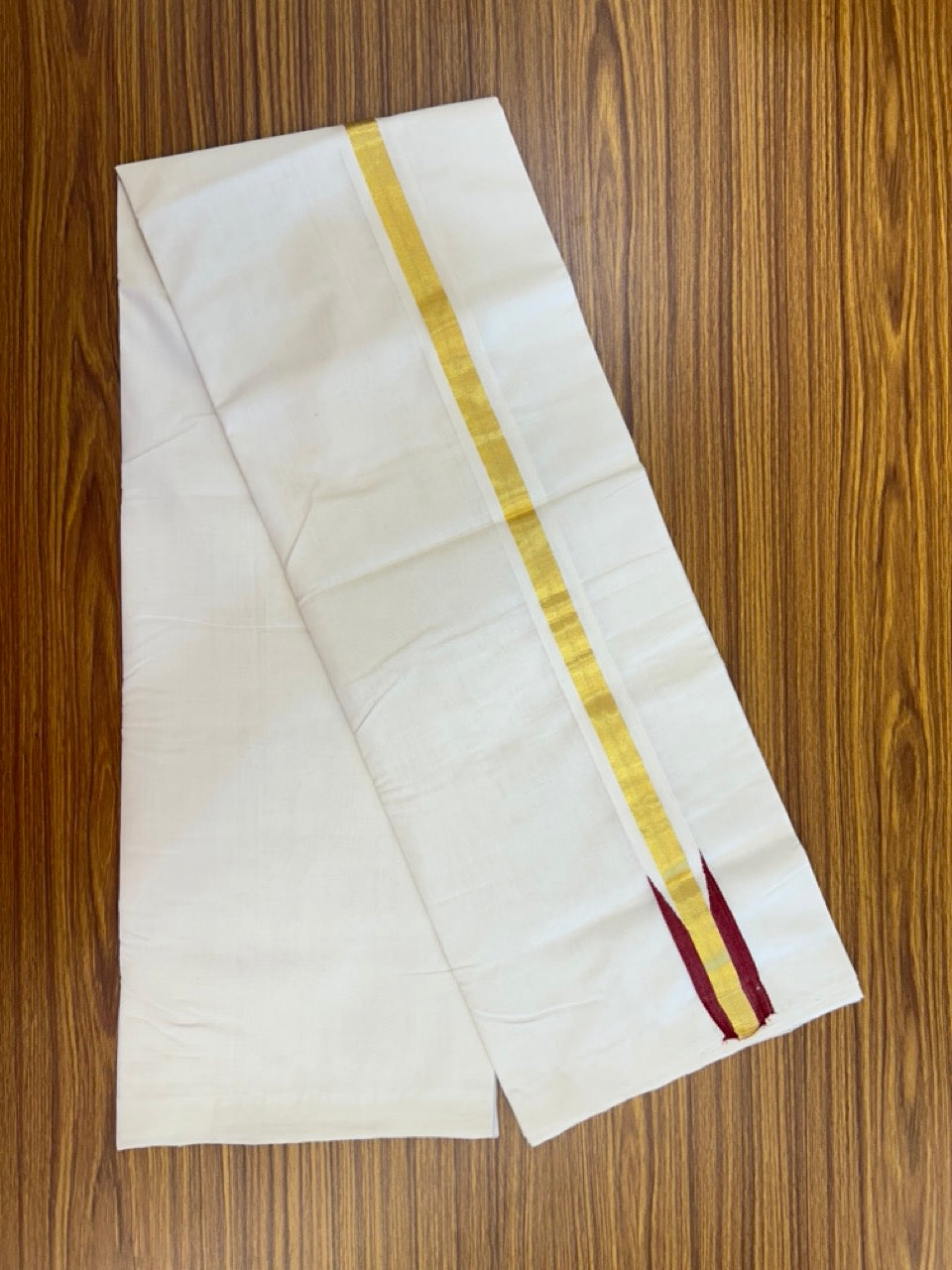 25% Discount ! KaithariKada Handloom Unakkupaav Balaramapuram - Cotton Off White (Unbleached) Double Mundu/Dothi - 100x80 - 1.5 inch Puliyilakkara Kasavu Reddish Maroon chutty 3.70 mtr (8 muzham) - 2 KK5233 REA