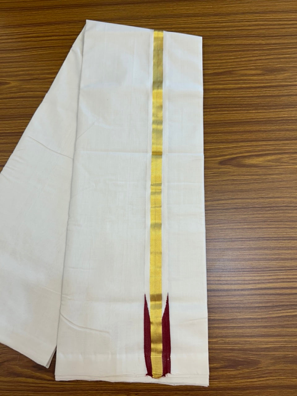 25% Discount ! KaithariKada Handloom Unakkupaav Balaramapuram - Cotton Off White (Unbleached) Double Mundu/Dothi - 100x80 - 1.5 inch Puliyilakkara Kasavu Reddish Maroon chutty 3.70 mtr (8 muzham) - 2 KK5233 REA