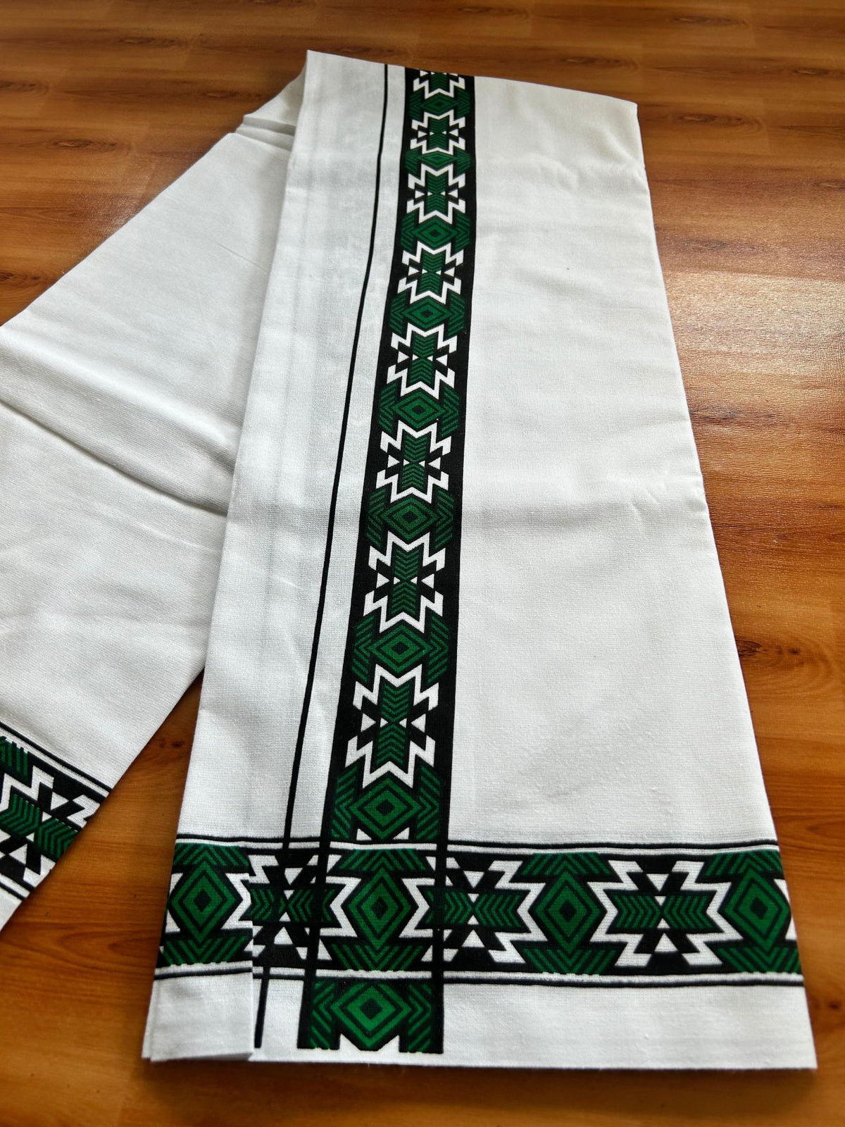 Single White Kerala Mund Polyster Mixed Cotton - (20s) - Kaily / Lungi - 2 inch Dark Green Printed Kara (2 meter / 4 muzham) - 6 KK8070 GAN