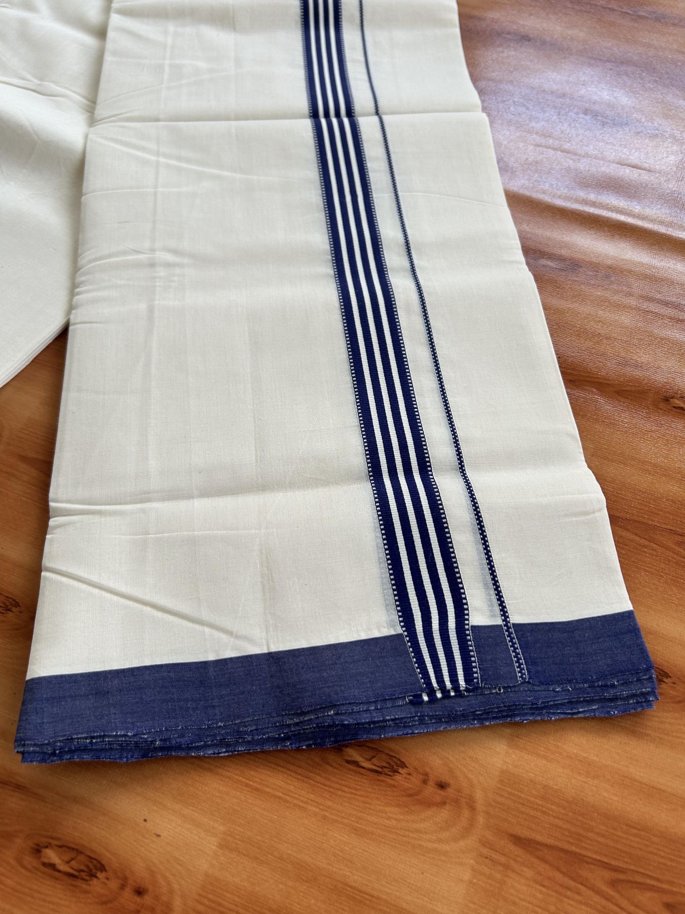 Double Off White (Unbleached) Mundu/Dhoti - 25% Discount!! KaithariKada Handloom Unakkupaav - Kerala Handloom - 100% Pure Cotton - 100x80 - 1.25 inch Navy Blue Striped Designer Kara 4 meter (8.5 muzham) - 31 KK5436 REA