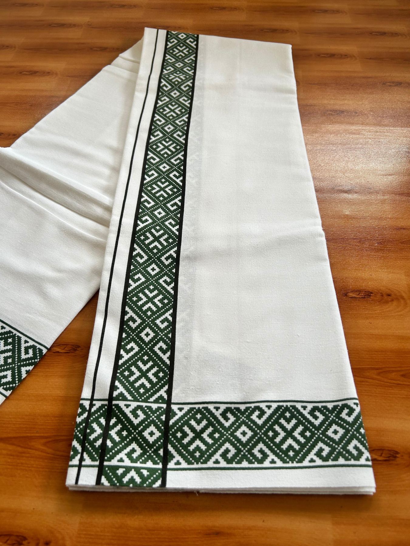 Single White Kerala Mund Polyster Mixed Cotton - (20s) - Kaily / Lungi - 2 inch Black & Green Printed Kara (2 meter / 4 muzham) - 16 KK8070 GAN