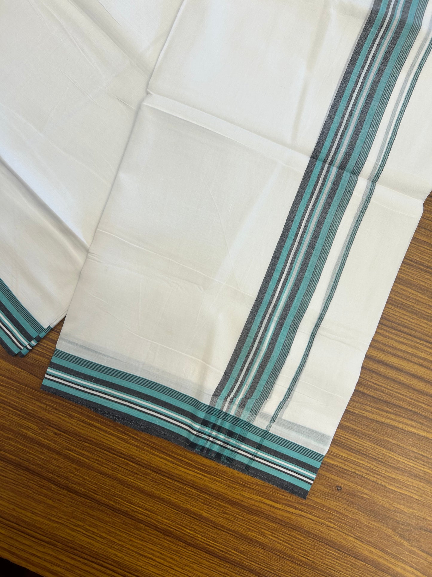 20% Discount ! Kaitharikada Balaramapuram 100% Cotton Pure White Double Mundu/Dothi - 100x80 - 1.5 inch Turquoise & Black Shaded Striped Kara 3.80 mtr (8 muzham) - 12 KK5359 THI