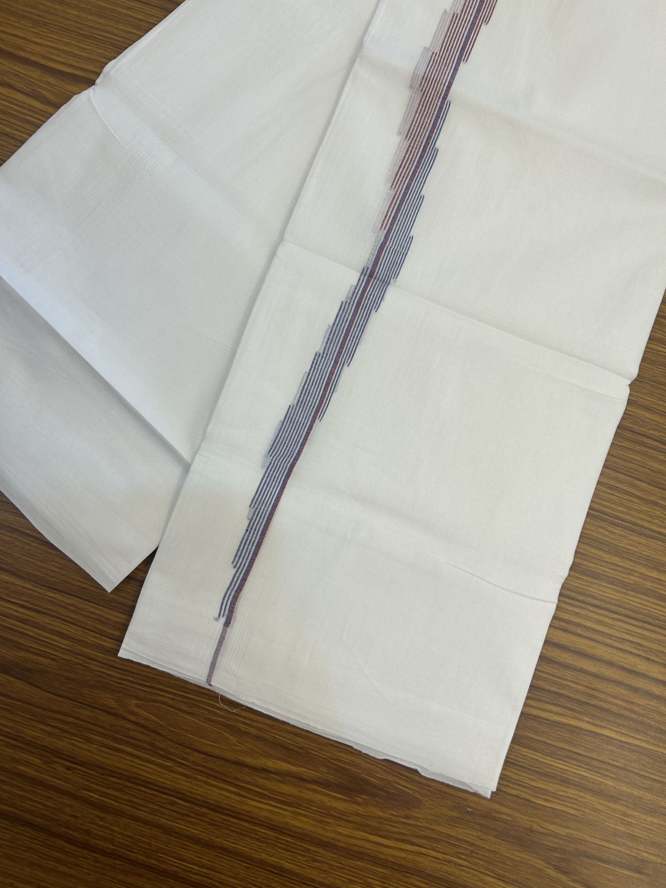 20% Discount ! Kaitharikada Balaramapuram 100% Cotton Pure White Double Mundu/Dothi - 100x80 - 0.75 inch Lavender Blue & Maroon Striped Jacquard Design Kara 3.80 mtr (8 muzham) - 13 KK5334 THI