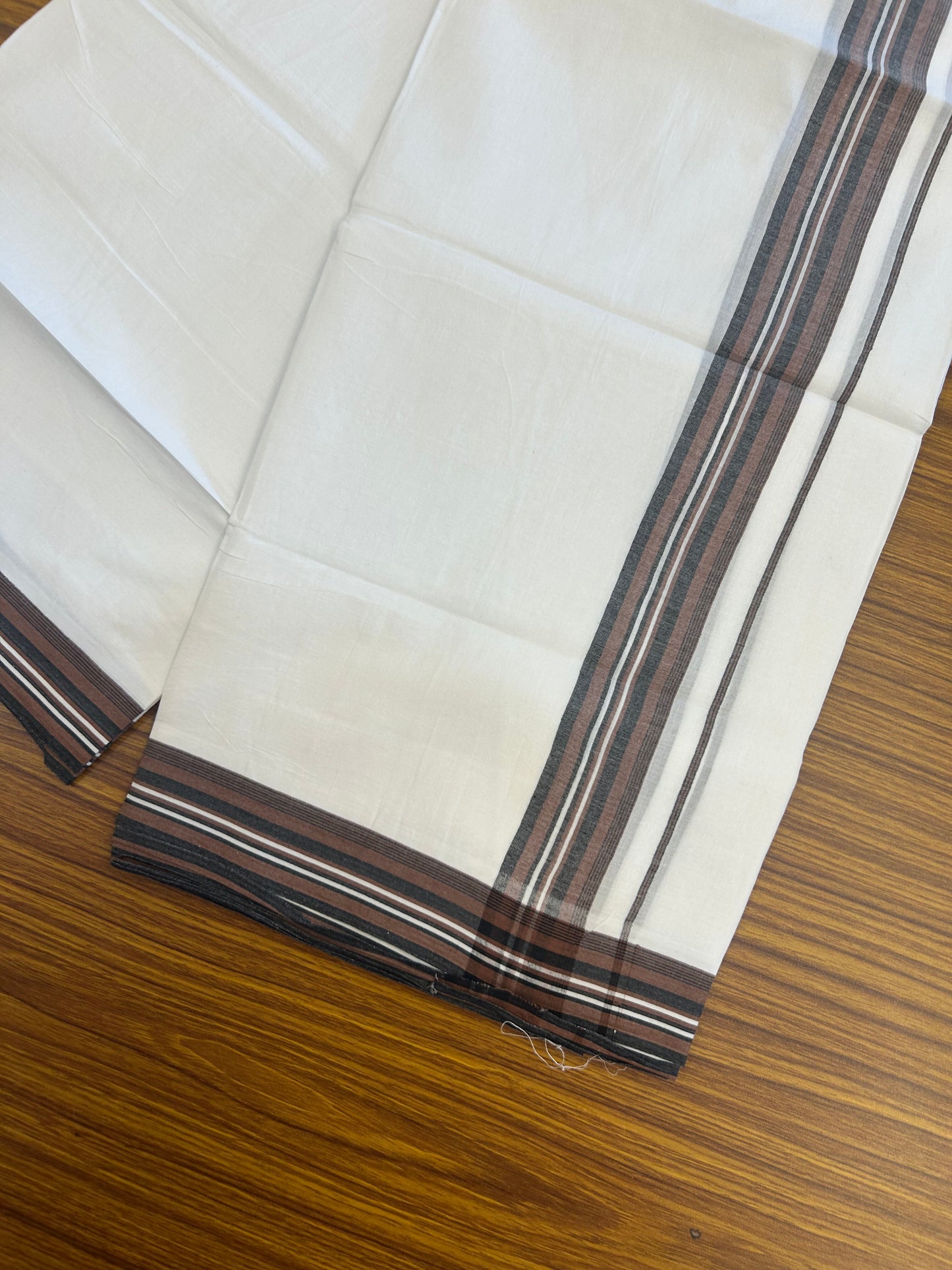 20% Discount ! Kaitharikada Balaramapuram 100% Cotton Pure White Double Mundu/Dothi - 100x80 - 1.5 inch Chestnut Brown & Black Shaded Striped Kara 3.80 mtr (8 muzham) - 16 KK5359 THI