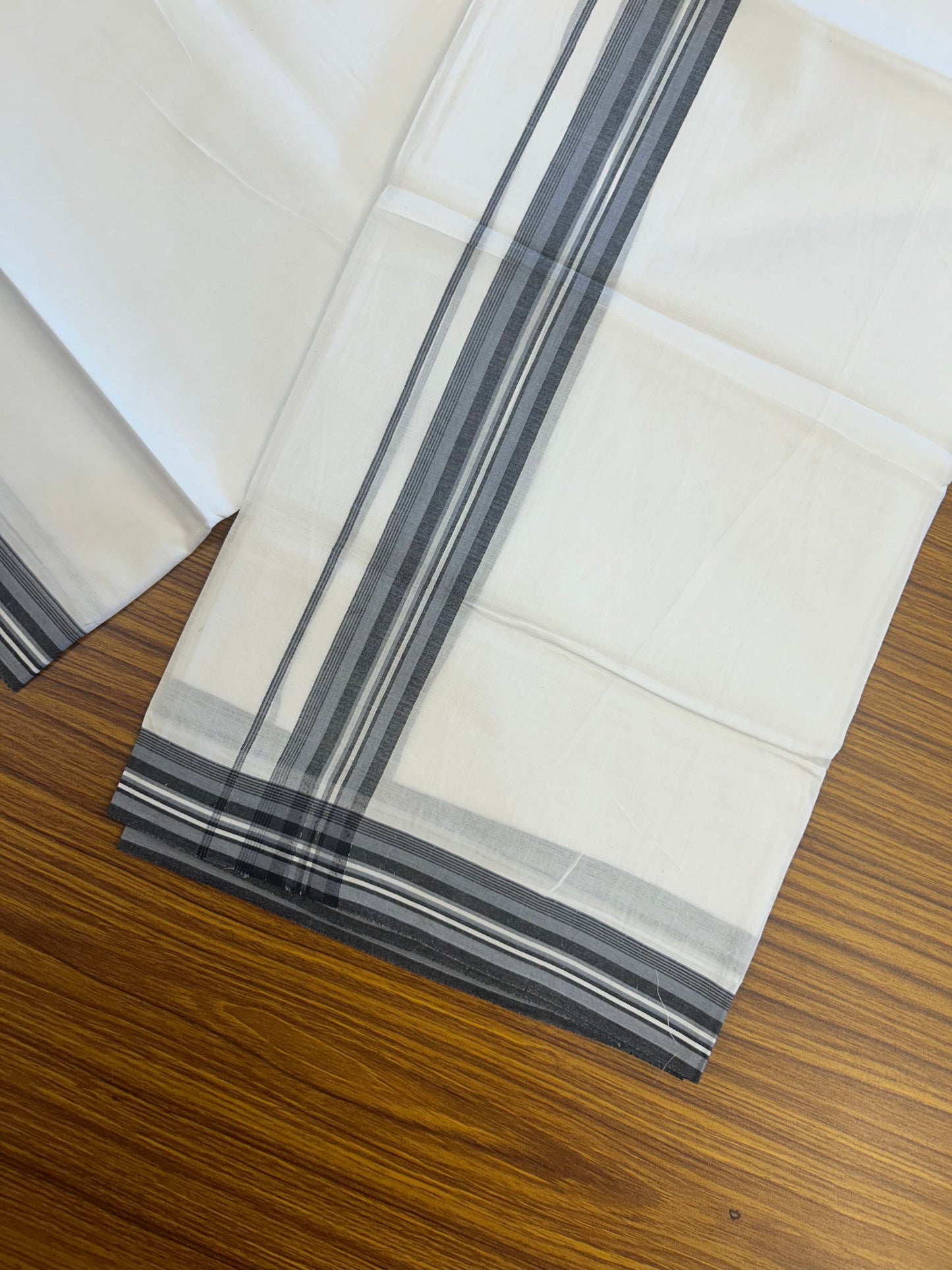 20% Discount ! Kaitharikada Balaramapuram 100% Cotton Pure White Double Mundu/Dothi - 100x80 - 1.5 inch Ash Blue & Black Shaded Striped Kara 3.80 mtr (8 muzham) - 18 KK5359 THI