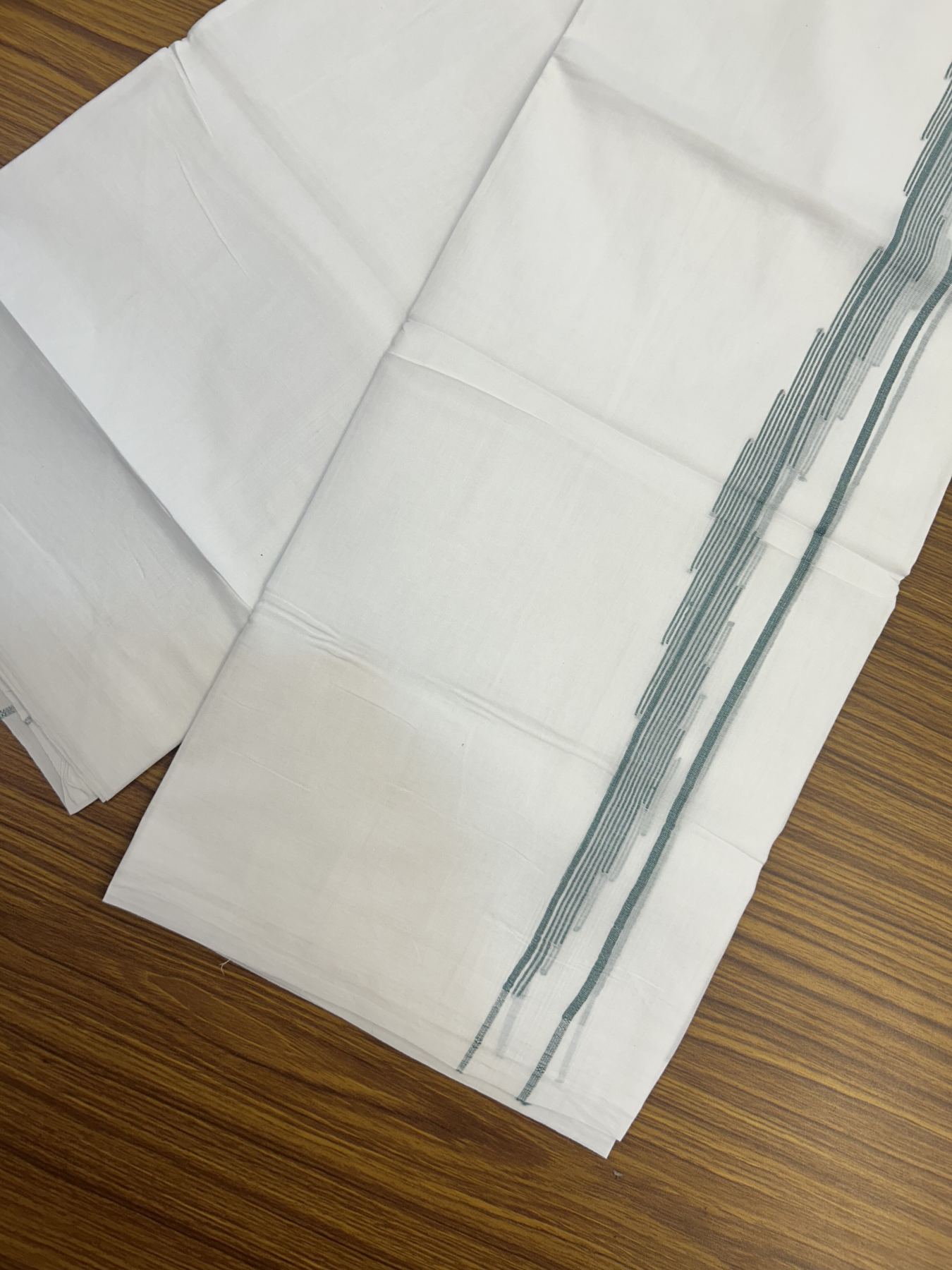 20% Discount ! Kaitharikada Balaramapuram 100% Cotton Pure White Double Mundu/Dothi - 100x80 - 0.75 inch Green Striped Jacquard Design Kara 3.80 mtr (8 muzham) - 18 KK5334 THI