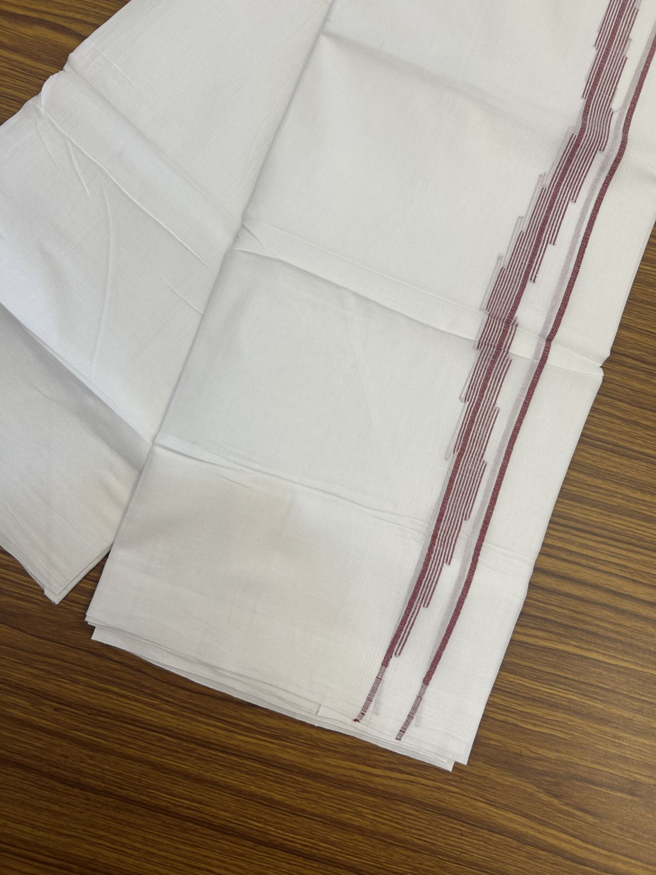 20% Discount ! Kaitharikada Balaramapuram 100% Cotton Pure White Double Mundu/Dothi - 100x80 - 0.75 inch Maroon Striped Jacquard Design Kara 3.75 mtr (8 muzham) - 20 KK5334 THI