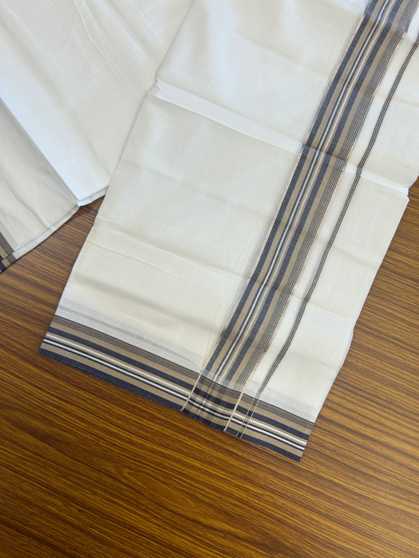 20% Discount ! Kaitharikada Balaramapuram 100% Cotton Pure White Double Mundu/Dothi - 100x80 - 1.5 inch Silver Kasav Khaki & Navy Blue Shaded Striped Kara 3.80 mtr (8 muzham) - 7 KK5359 THI