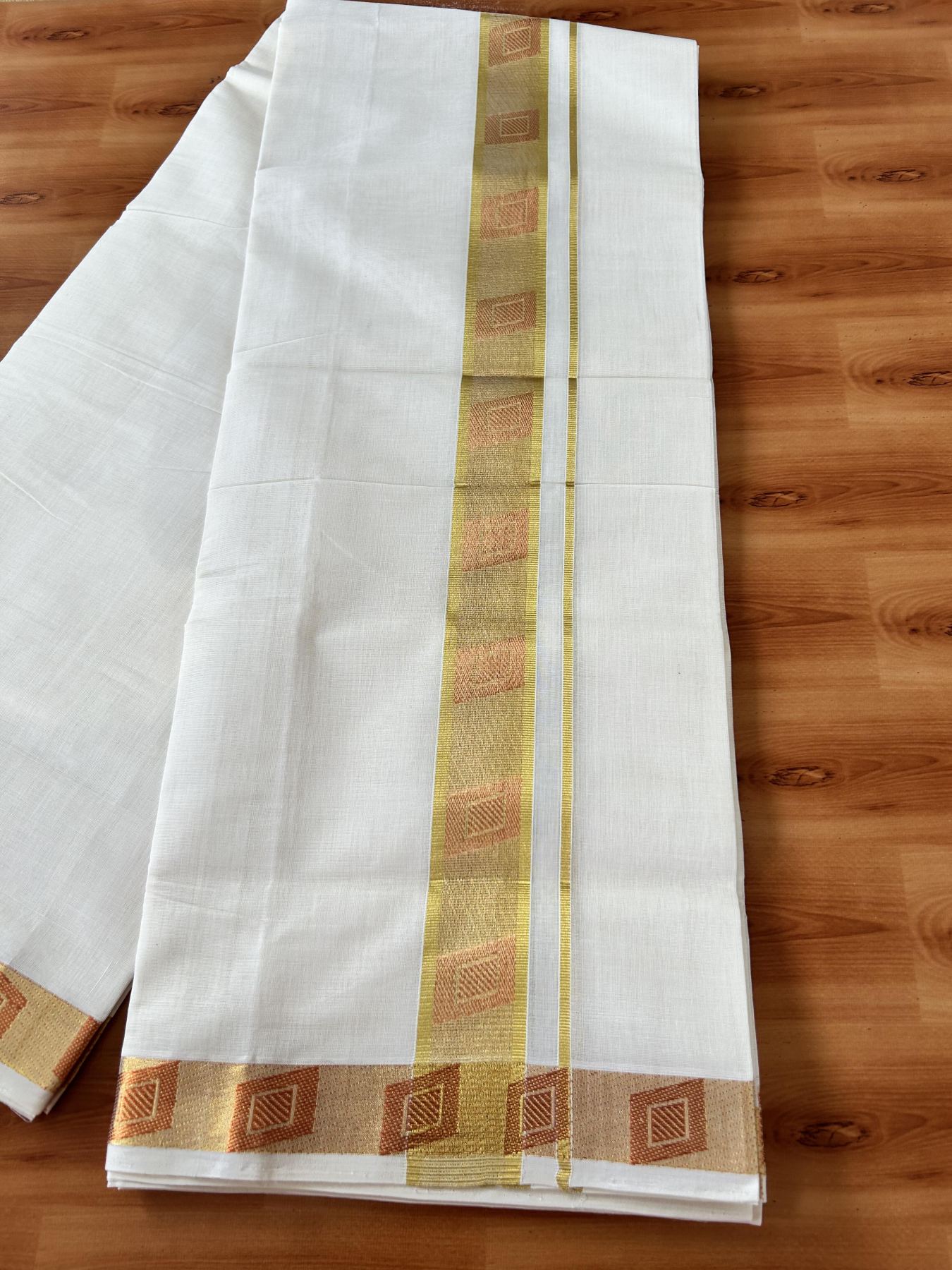 25% Discount ! Kaitharikada Handloom Unakkupaav - Kerala Handloom - 100% Pure Cotton Off White - (Unbleached) Double Mundu/Dhoti - 100x80 - 1.75 inch Copper & Gold Kasav Jacquard Design Kara 4 mtr (8.5 Muzham) - 8 KK5441 ABH