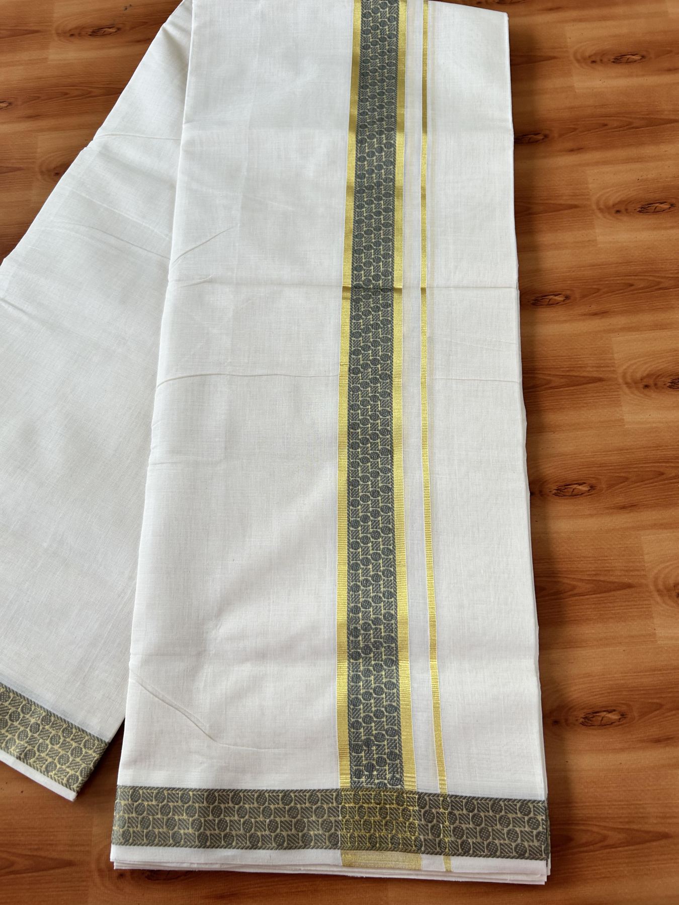 25% Discount ! Kaitharikada Handloom Unakkupaav - Kerala Handloom - 100% Pure Cotton Off White - (Unbleached) Double Mundu/Dhoti - 100x80 - 1.75 inch Gold Kasav & Grey Jacquard Design Kara 4 mtr (8.5 Muzham) - 12 KK5441 ABH