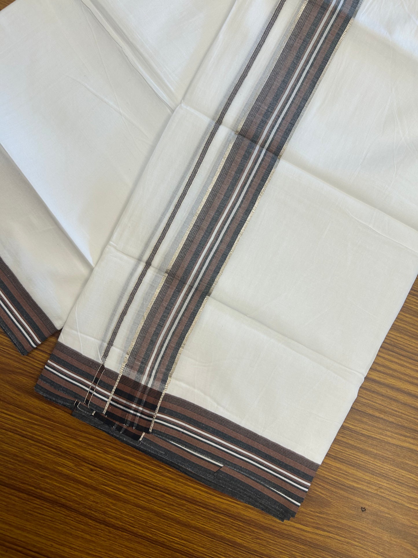 20% Discount ! Kaitharikada Balaramapuram 100% Cotton Pure White Double Mundu/Dothi - 100x80 - 1.5 inch Silver Kasav Chestnut Brown & Black Shaded Striped Kara 3.80 mtr (8 muzham) - 2 KK5359 THI