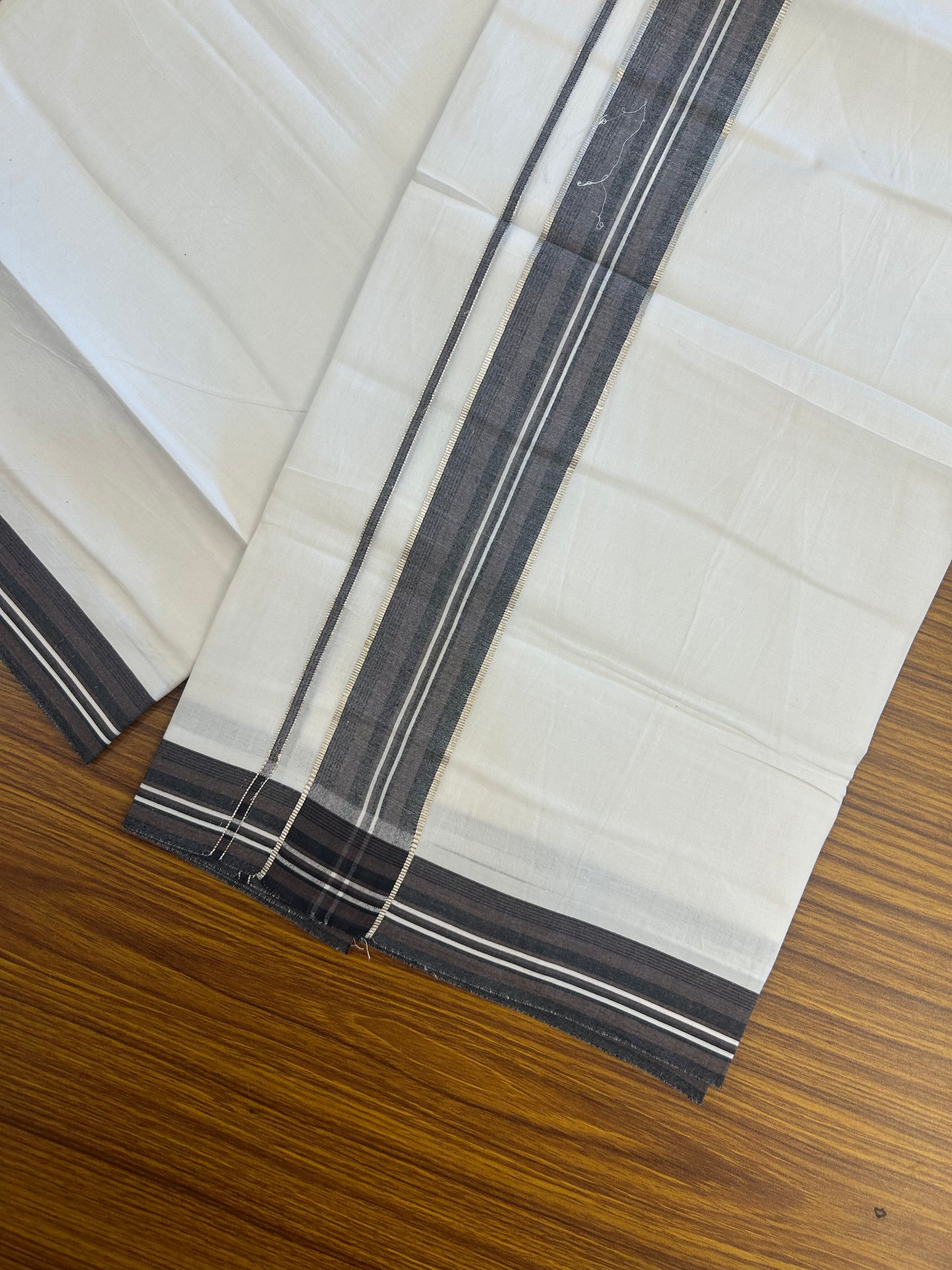 20% Discount ! Kaitharikada Balaramapuram 100% Cotton Pure White Double Mundu/Dothi - 100x80 - 1.5 inch Silver Kasav Ash Lavendar & Black Shaded Striped Kara 3.80 mtr (8 muzham) - 4 KK5359 THI
