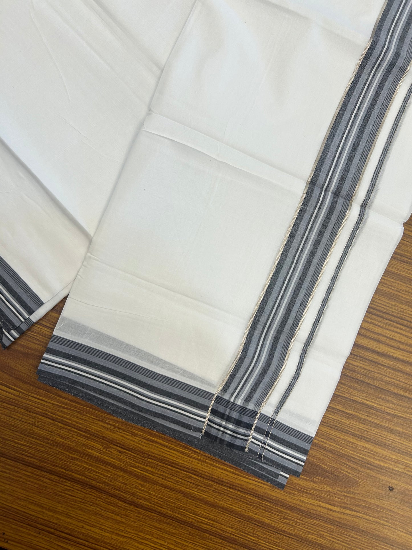 20% Discount ! Kaitharikada Balaramapuram 100% Cotton Pure White Double Mundu/Dothi - 100x80 - 1.5 inch Silver Kasav Ash Blue & Black Shaded Striped Kara 3.80 mtr (8 muzham) - 5 KK5359 THI