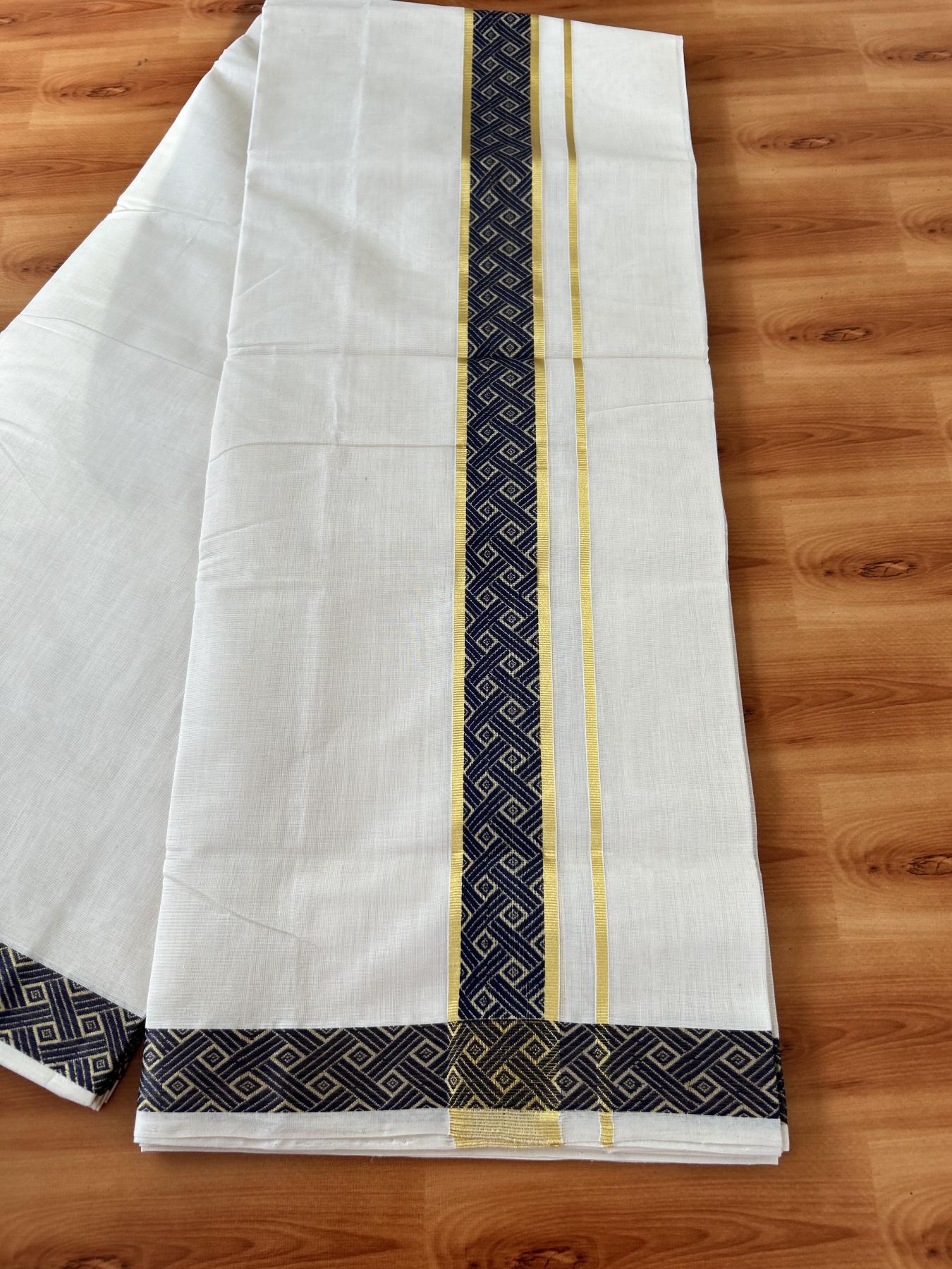 25% Discount ! Kaitharikada Handloom Unakkupaav - Kerala Handloom - 100% Pure Cotton Off White - (Unbleached) Double Mundu/Dhoti - 100x80 - 2 inch Gold Kasav & Navy Blue Jacquard Design Kara 4 mtr (8.5 Muzham) - 18 KK5441 ABH