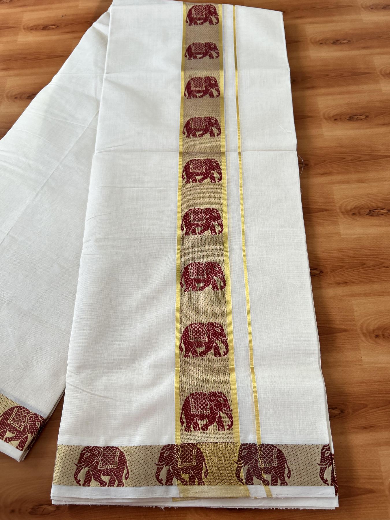 25% Discount ! Kaitharikada Handloom Unakkupaav - Kerala Handloom - 100% Pure Cotton Off White - (Unbleached) Double Mundu/Dhoti - 100x80 - 2.25 inch Gold Kasav & Maroon Elephant Jacquard Design Kara 4 mtr (8.5 Muzham) - 7 KK5441 ABH