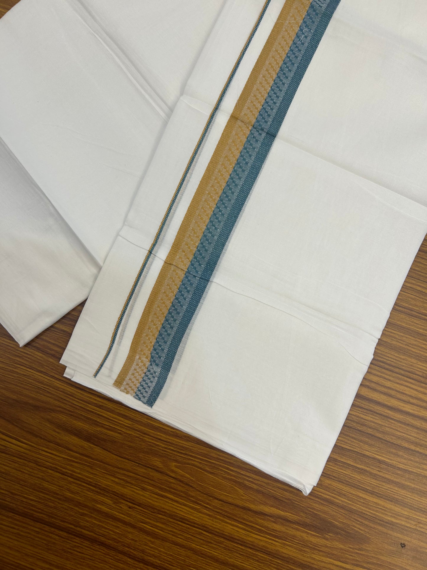 20% Discount ! Kaitharikada Balaramapuram 100% Cotton Pure White Double Mundu/Dothi - 100x80 - 1.5 inch Mustard Yellow & Peacock Green Design Kara 3.80 mtr (8 muzham) - 19 KK5359 THI